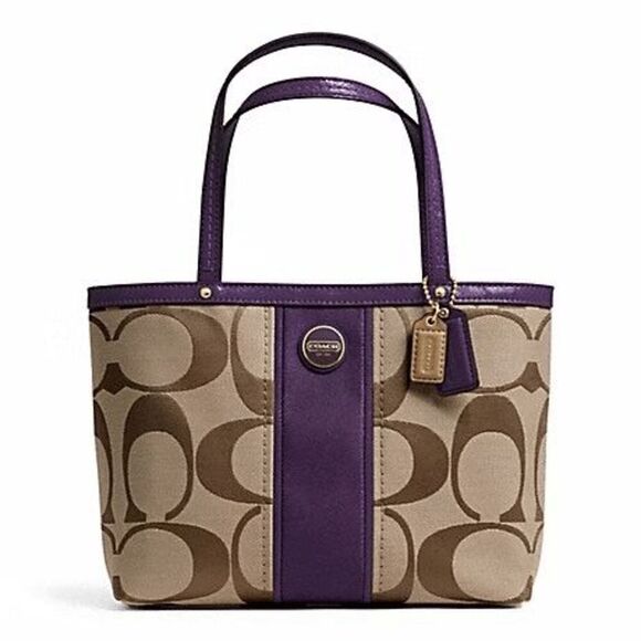 Coach Handbags - Y2K COACH SIGNATURE C STRIPE TOP HANDLE TOTE F48798 BRASS/KHAKI/PURPLE PURSE BAG